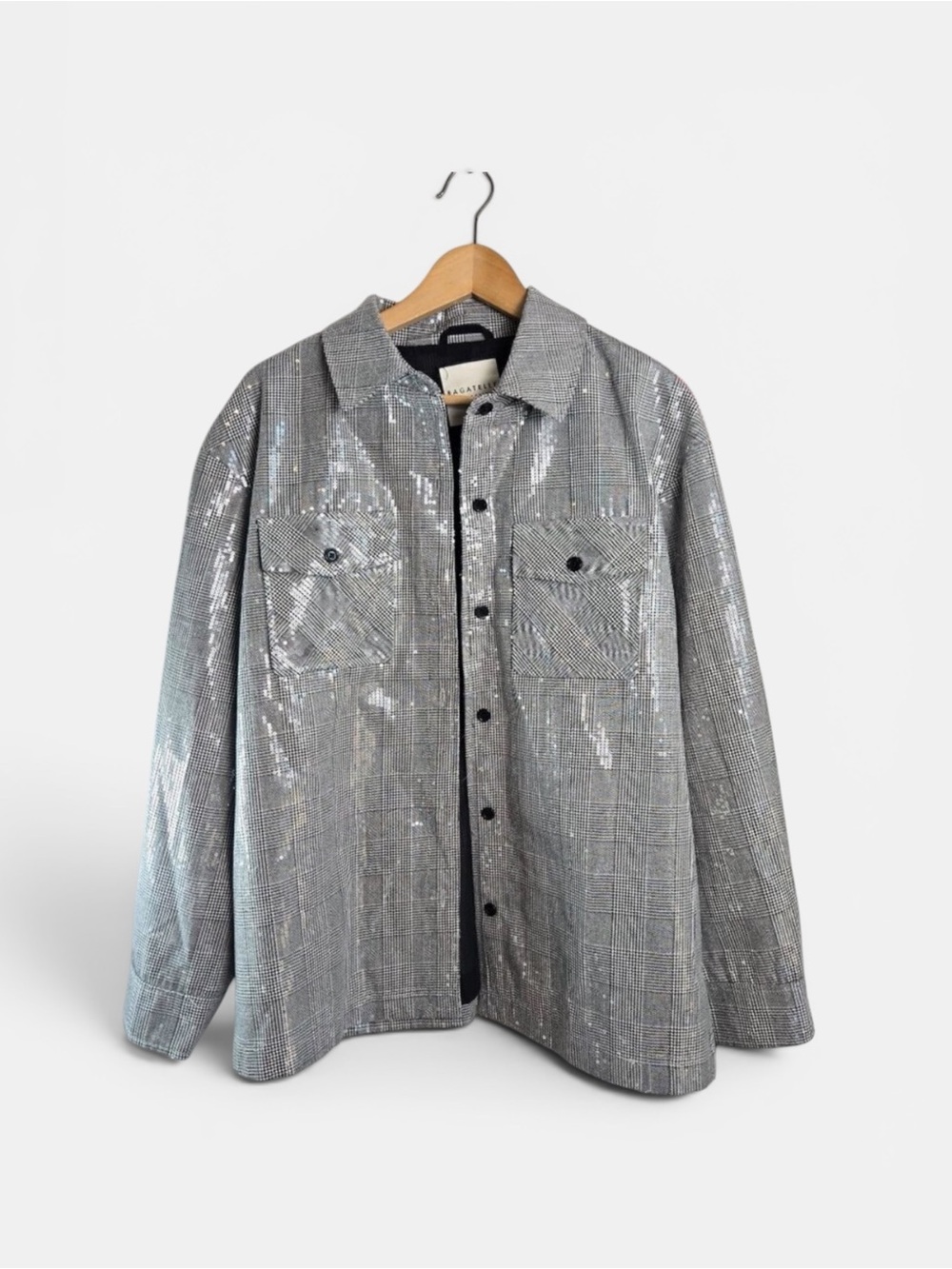 Bagatelle Glam Sequin Embellished Plaid Shacket Baddie Edgy Grunge LARGE Silver